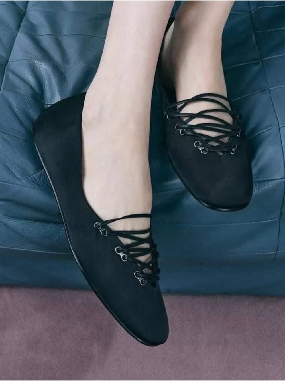 ZARA Satin Effect Black Ballet Flats Crisscross Lace-Up